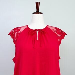 Adrianna Papell XL Red Christmas Holiday Lace Cap Sleeve Tie Neck Blouse NWT